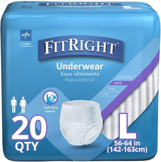 Medline FitRight Super Adult Underwear: Maximum Absorbency, Large Size 40-56 - 80 Total