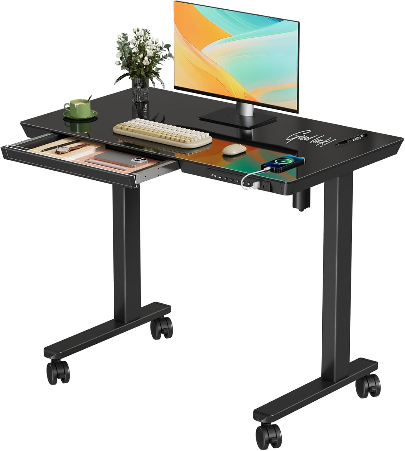 Compact 35in Electric Sit Stand Desk with Drawer and USB Ports