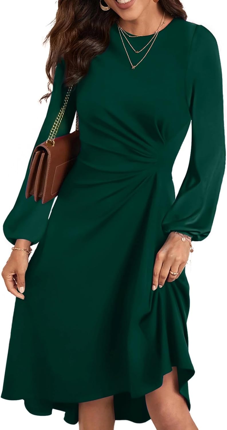 Happy Sailed Women's Long Sleeve Ruched Waist Midi Dress