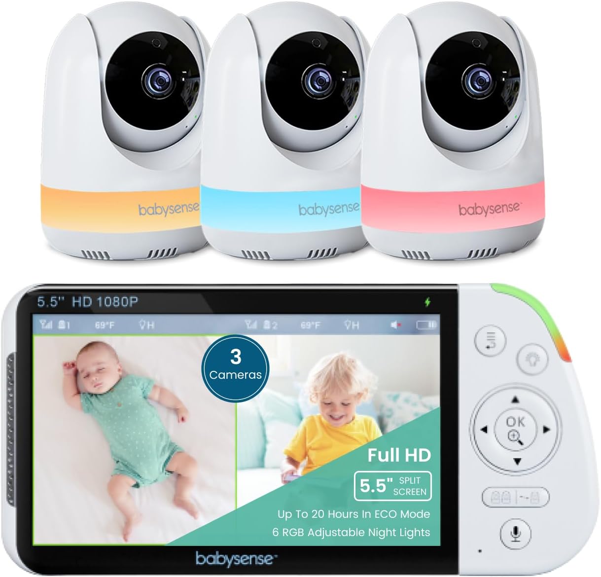 1080p Split-Screen Baby Monitor - Full-HD Video, 3 Cameras, Night Light, 1000ft Range