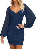 Women's V Neck Ruched Bodycon Mini Dress - Sheer Puff Sleeve