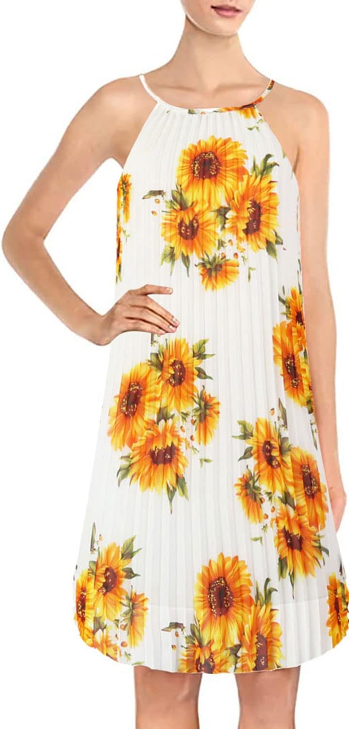 Ellames Women's Summer Spaghetti Strap Pleated Swing Dress