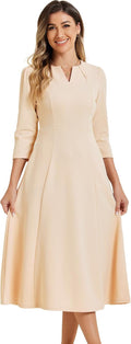 Allegra K Women's 3/4 Sleeve A-Line Midi Dress with Pockets - Work