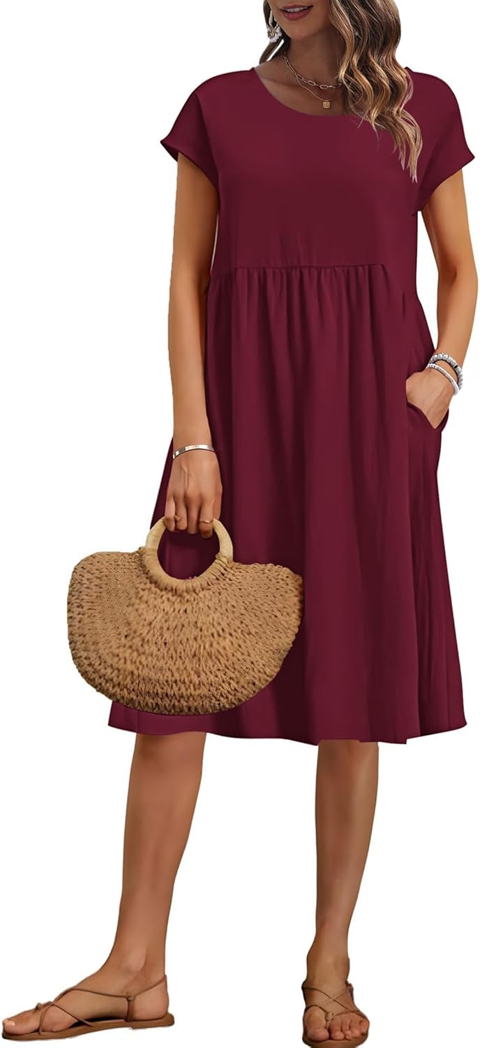 AUSELILY Women's Summer Short Sleeve Knee-Length Dress with Pockets