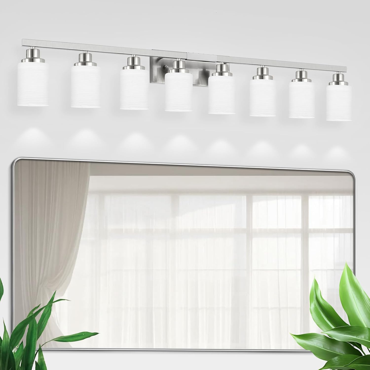 8-Light Nickel Bathroom Vanity Light with Milky White Glass Shade
