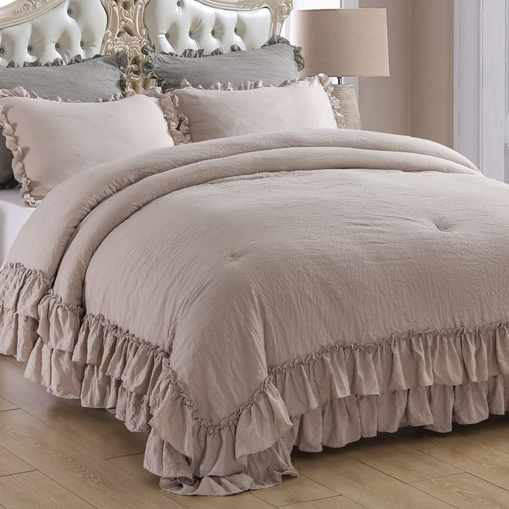 Masaca Shabby Ruffled King Comforter Set for Vintage Farmhouse Style