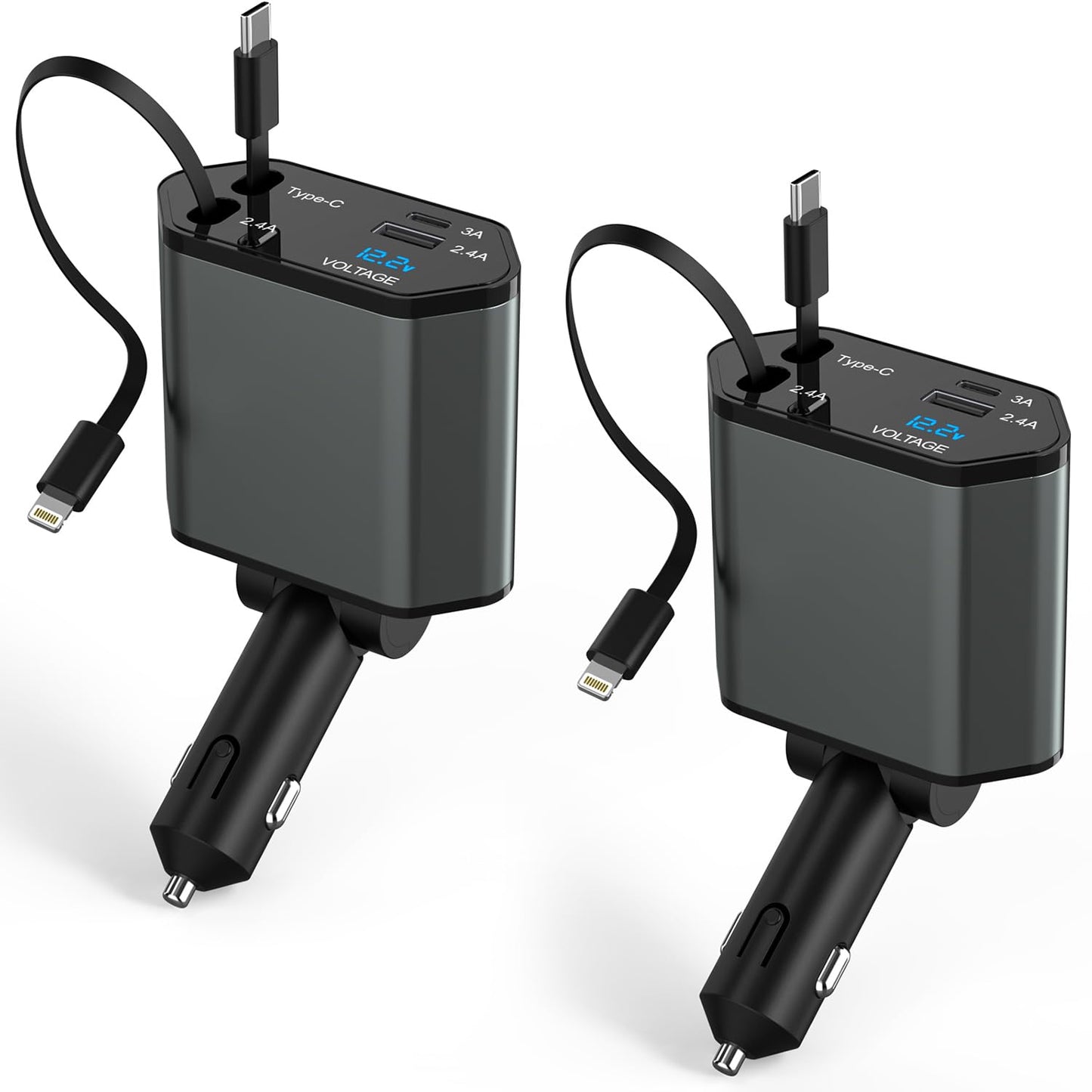 Fast 66W 4-in-1 Car Charger - Retractable Cables, Dual Ports