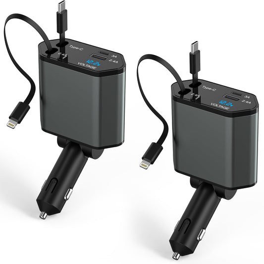 Fast 66W 4-in-1 Car Charger - Retractable Cables, Dual Ports