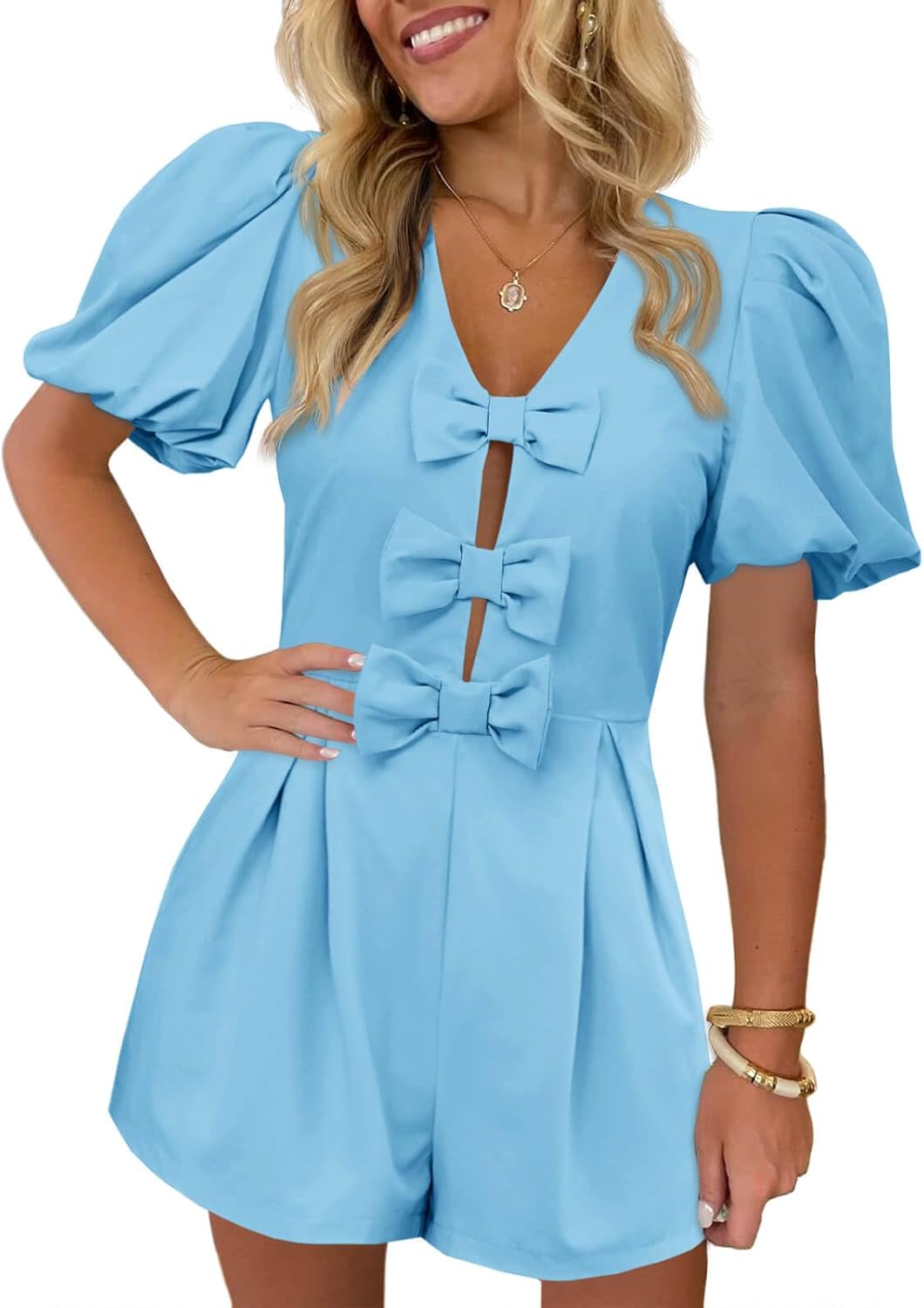 Cicy Bell Womens Cute Rompers with Bow Front and Puff Sleeves