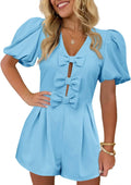 Cicy Bell Womens Triple Bow Romper V Neck Puff Sleeve - Cute Summer in