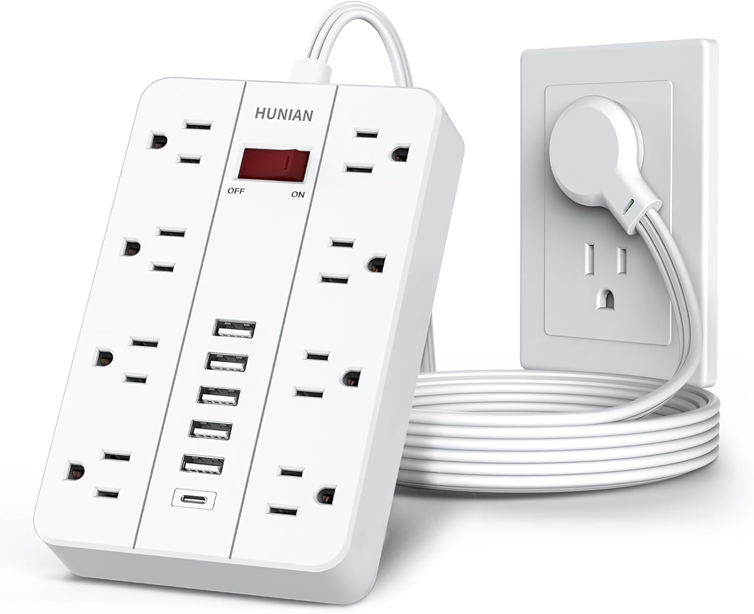HUNIAN Power Strip - 8 Outlets, 6 USB, Space-Saving Surge Protector