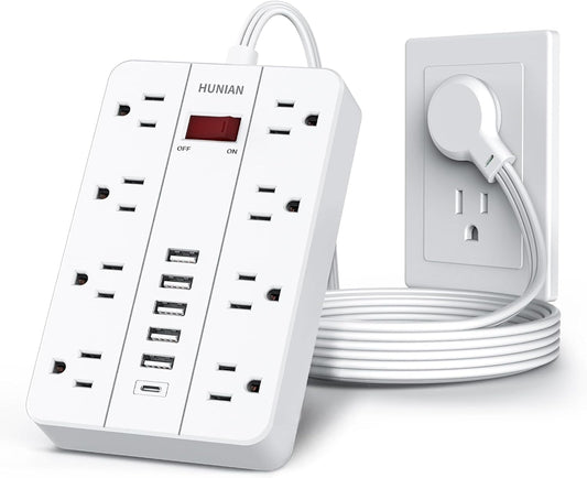 HUNIAN Power Strip - 8 Outlets, 6 USB, Space-Saving Surge Protector