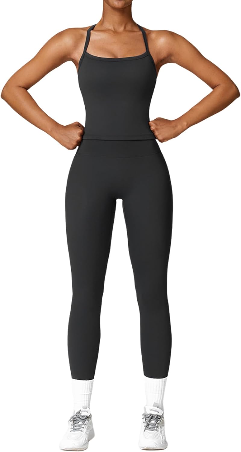 Womens Workout Sets Two Piece Cross Back Tank Top Leggings