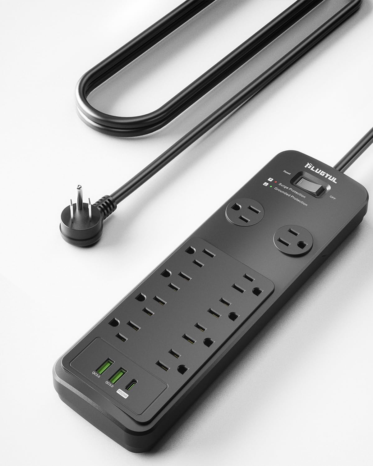 PLUGTUL 10-Outlet Surge Protector - 20FT Cord, Spacious Design, Fast USB-C Charging