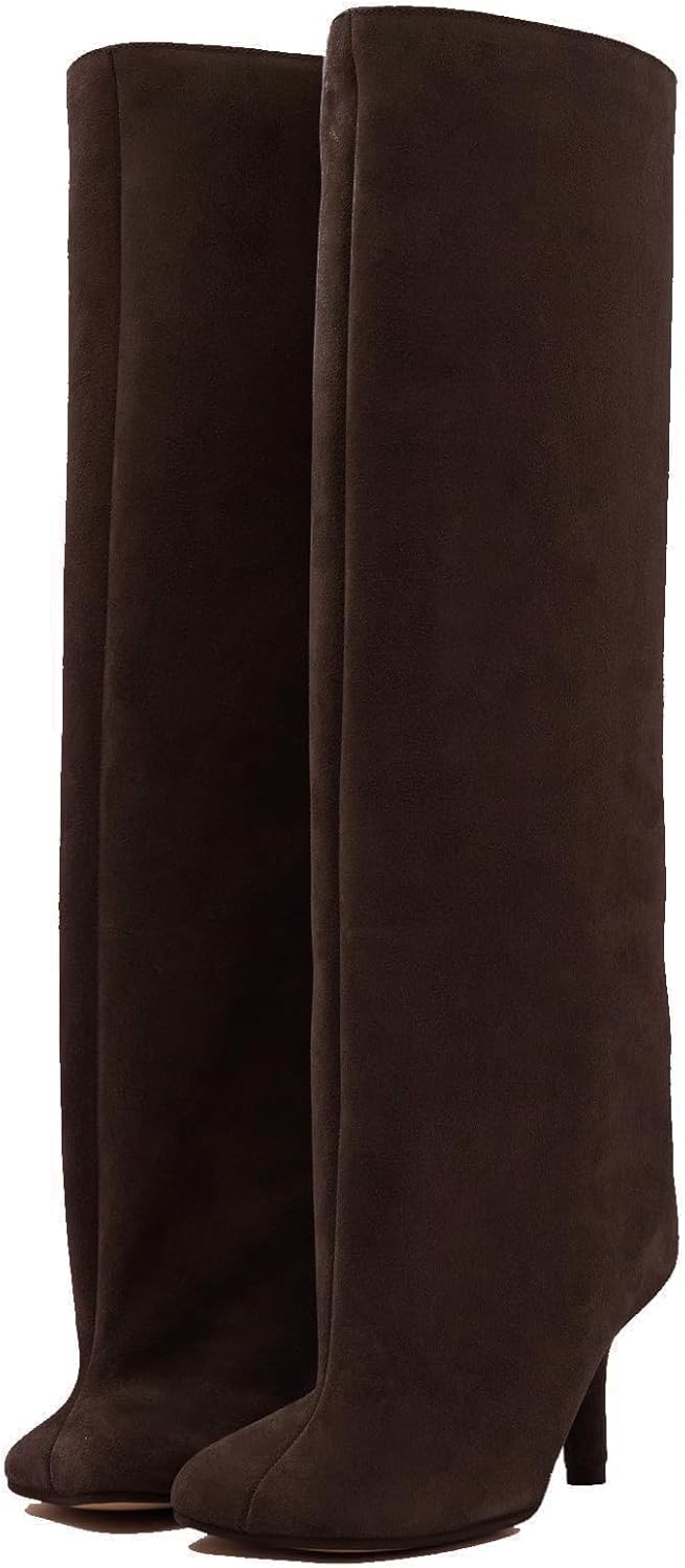 Women's Knee High Boots Nude Suede Wide Calf Stiletto Style
