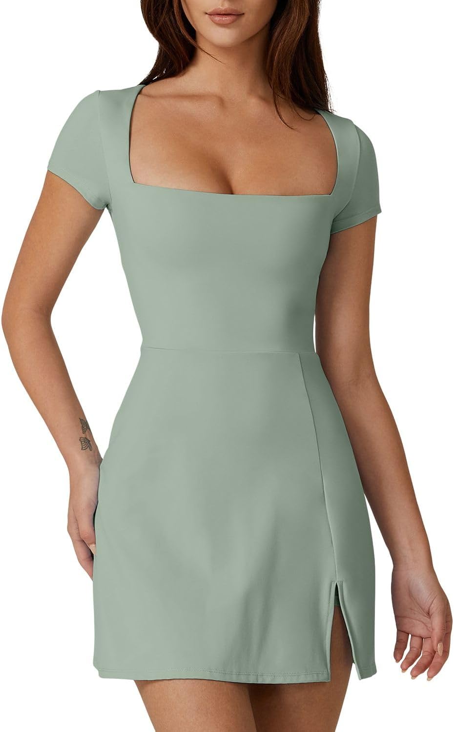 QINSEN Womens Square Neck Tennis Dress with Built-in Shorts