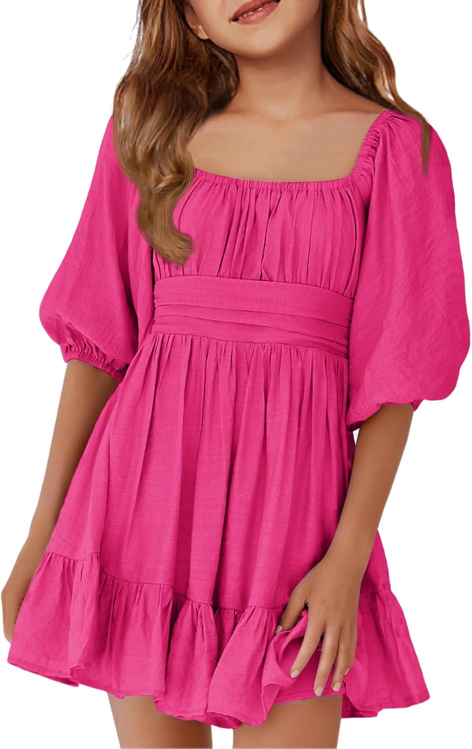 Girls Summer Dresses Square Neck Lantern Sleeve Tie Backless Ruffle