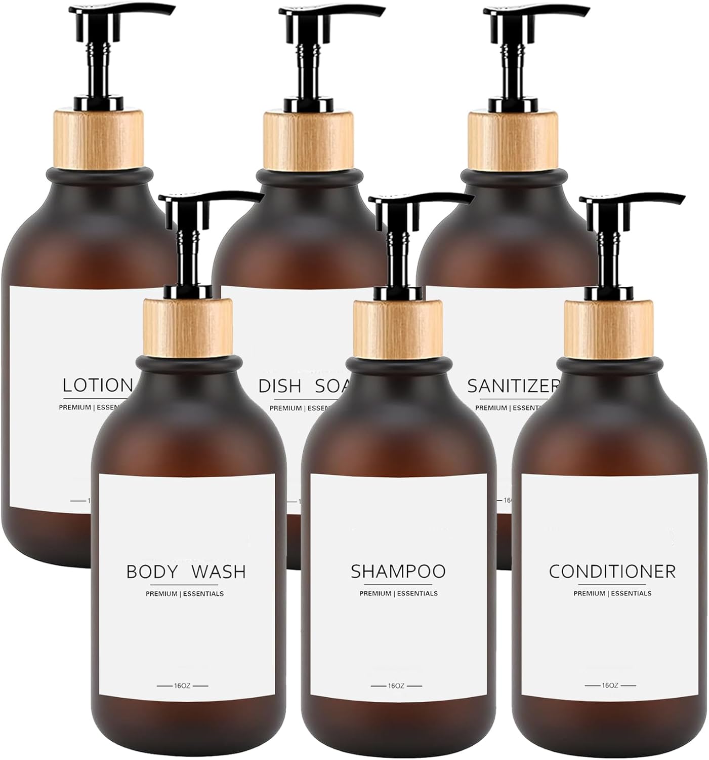 Set of 3 Frosted Plastic Bottles with Bamboo Pump
