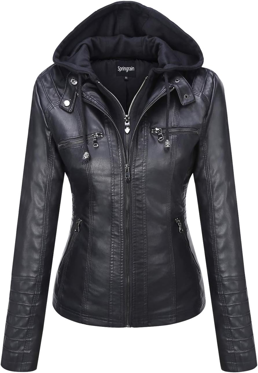 Springrain Women's Faux Leather Jacket with Detachable Hood