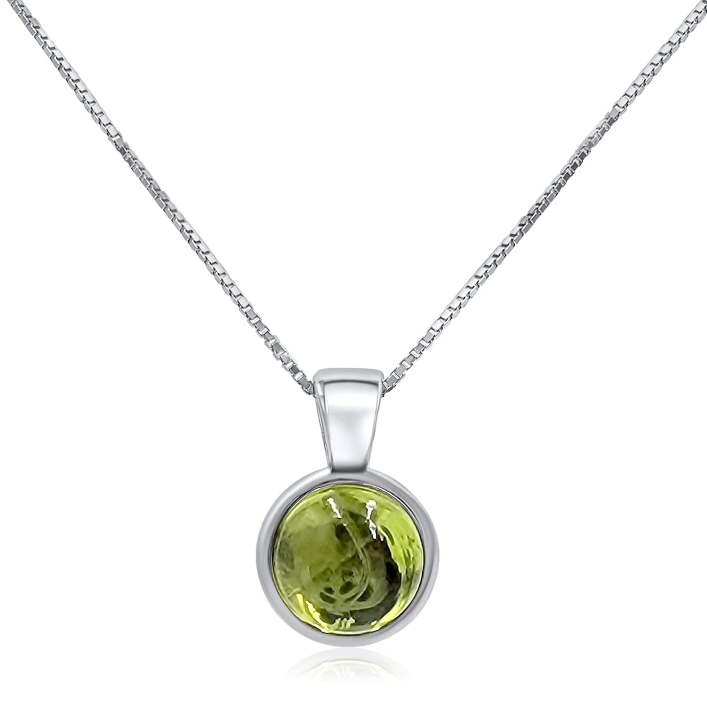 Natural Peridot 8mm Round Pendant in White Gold Over Silver