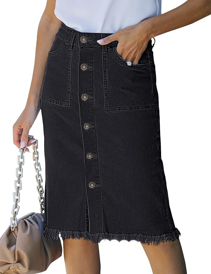 Luvamia Women's Casual Mid Rise Button Down Denim Jean Midi Skirt