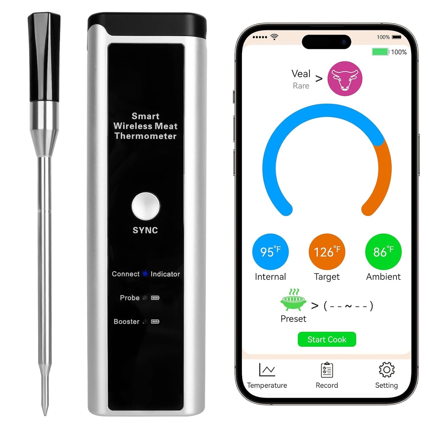 Wireless BBQ Thermometer - 500ft Range, Waterproof, Rechargeable