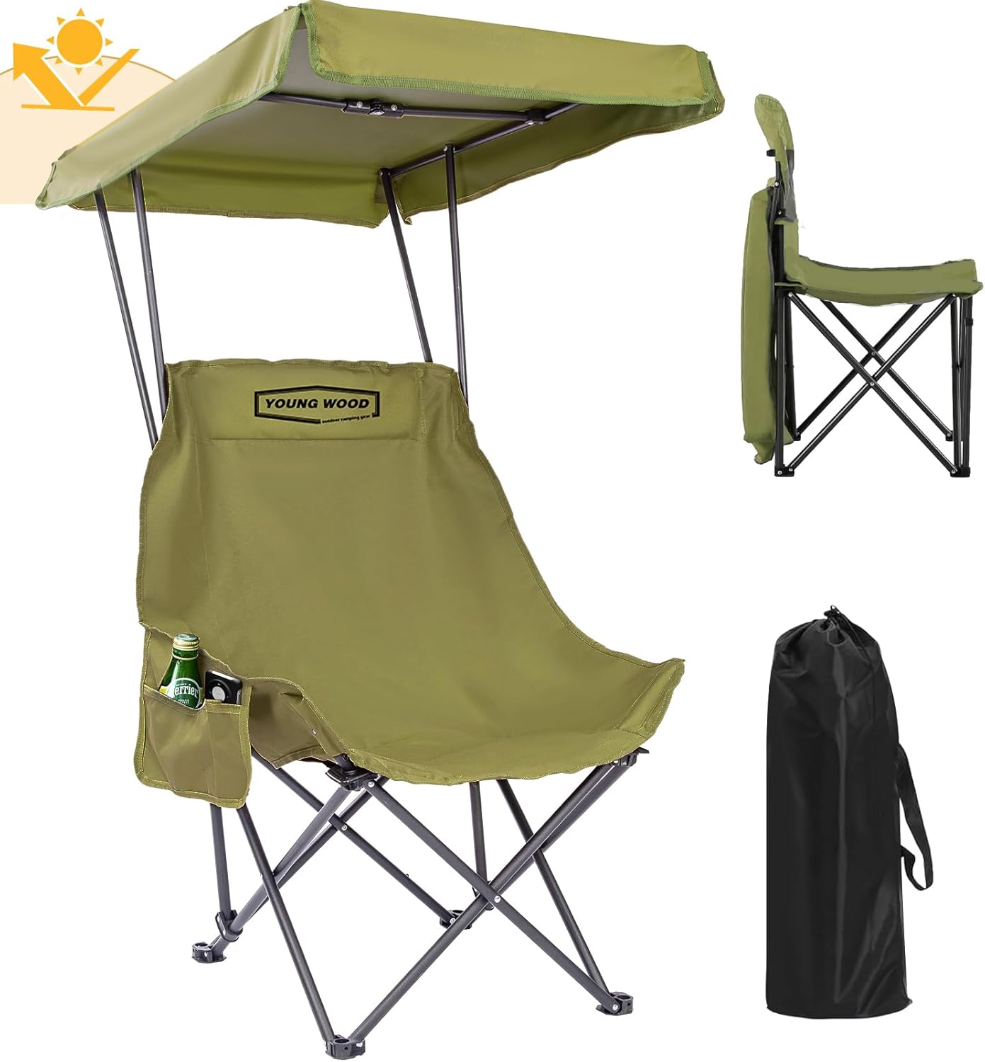 Portable Camping Chair with Shade Canopy - Easy Opening, Side Pocket - Green
