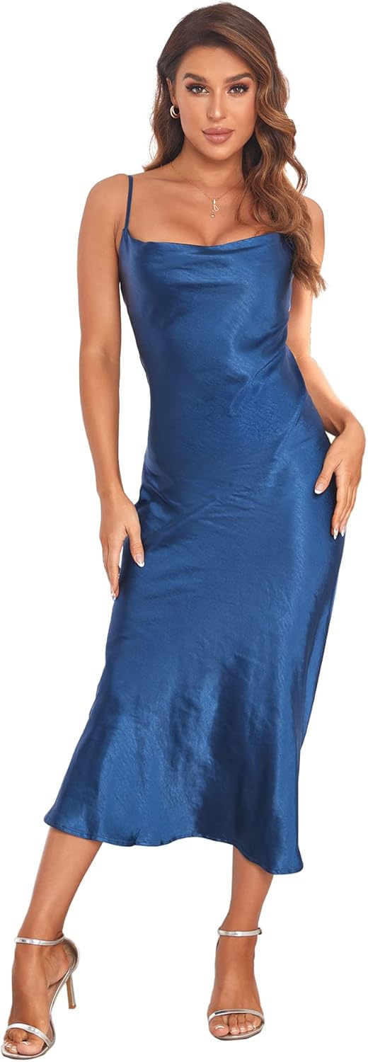 Women's Spaghetti Strap Midi Satin Silk Dress for Parties