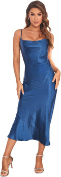 Women's Satin Slip Midi Cowl Neck Dress - Backless Party Fit