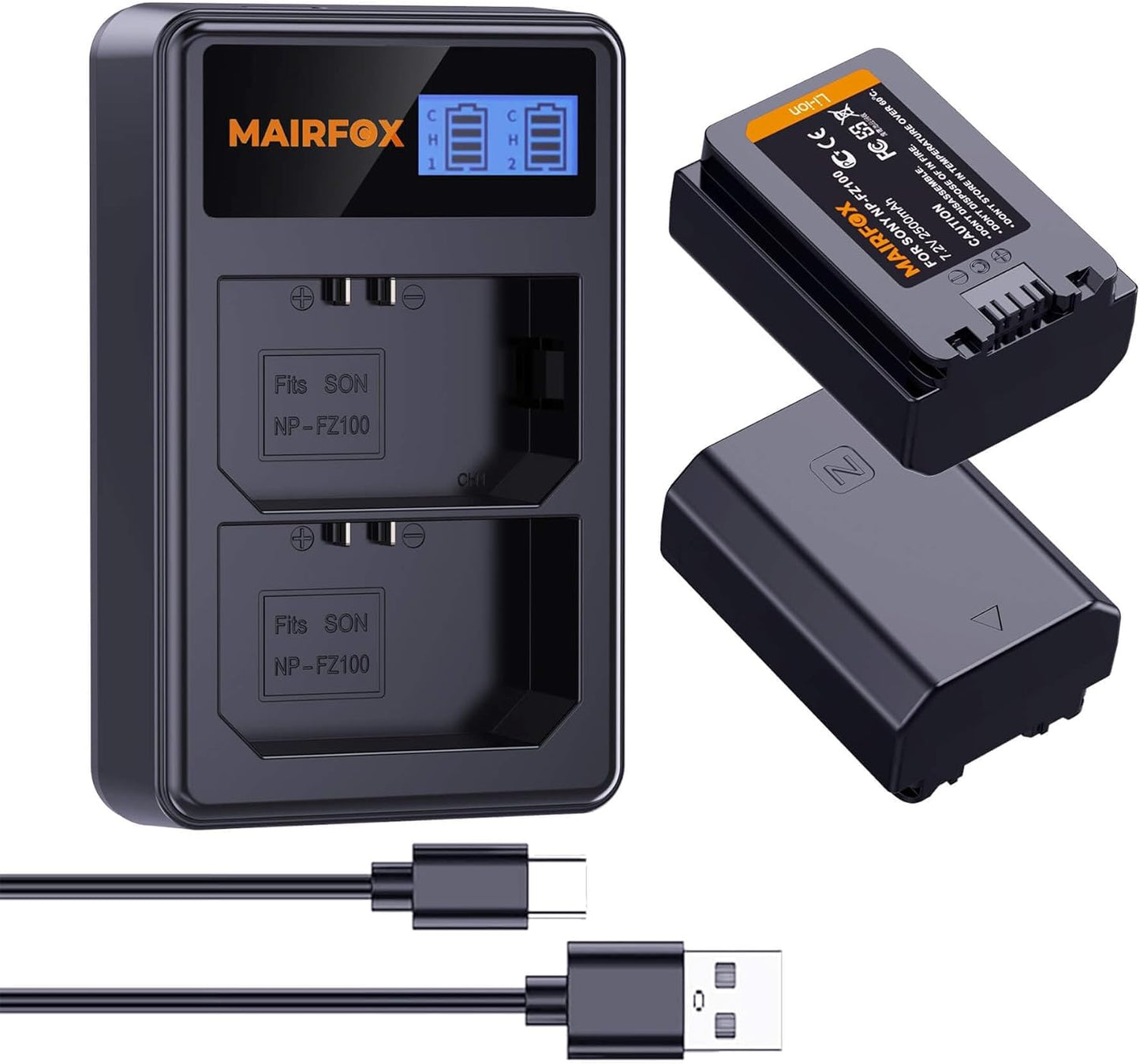 MAIRFOX 2-Pack NP-FZ100 Battery and Charger for Sony Cameras