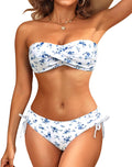 White and Blue Flower Strapless Bandeau Bikini Set - Twist Front Two
