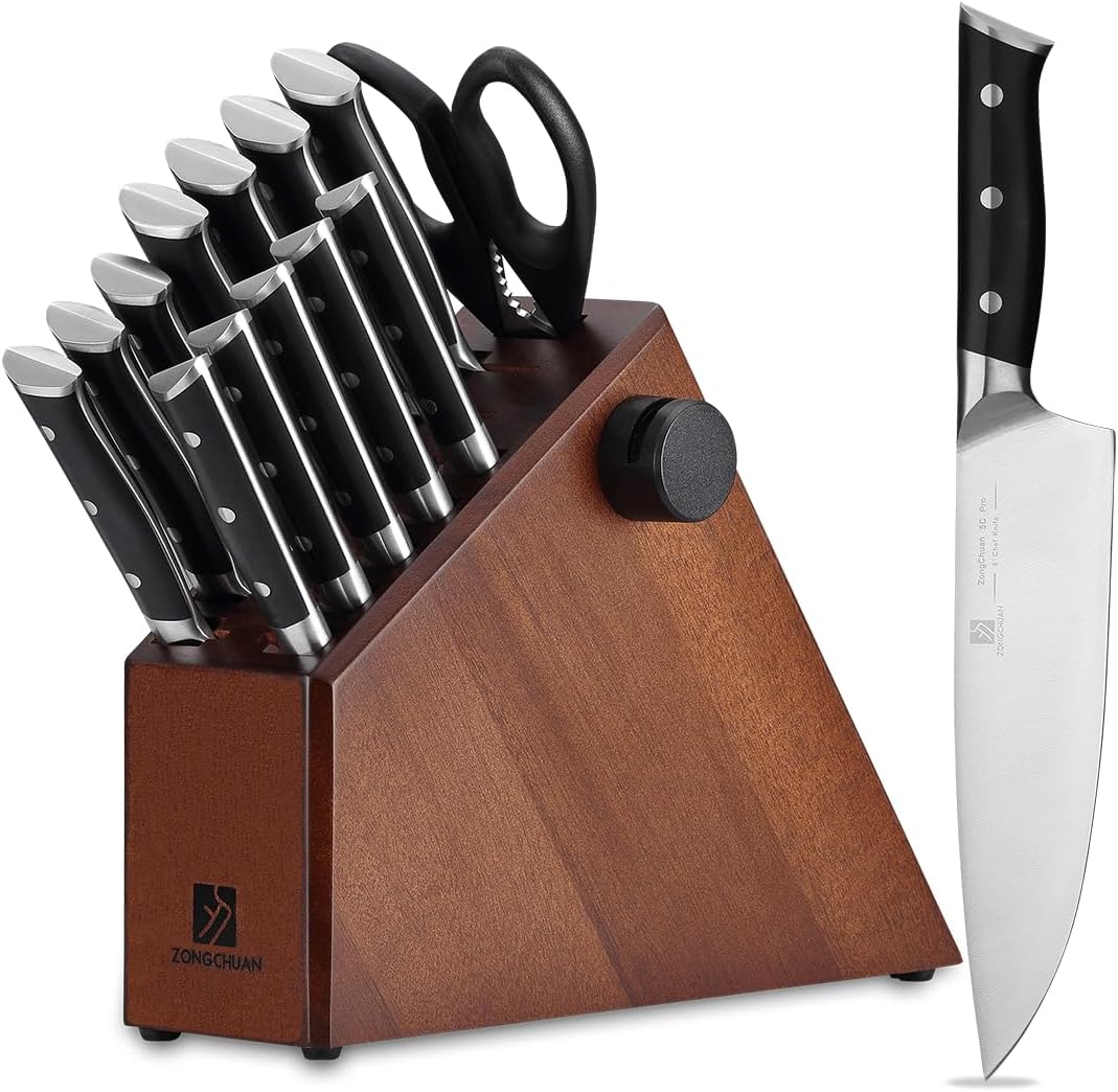 15-Piece Kitchen Knife Set with Block and Sharpener for Chefs