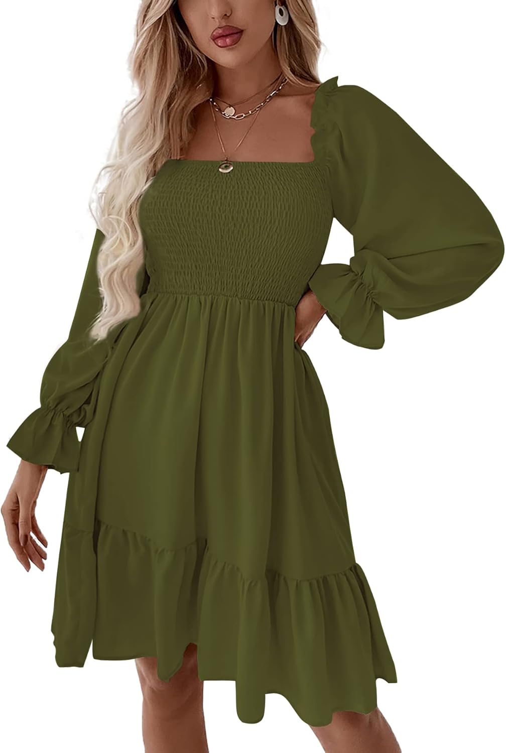 LYANER Women's Square Neck Lantern Long Sleeve Mini Dress
