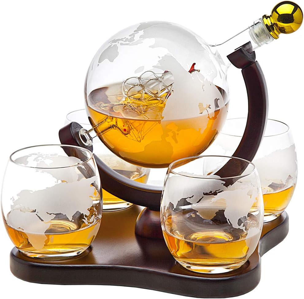 Godinger Whiskey Decanter Globe Set with 4 Etched Glasses