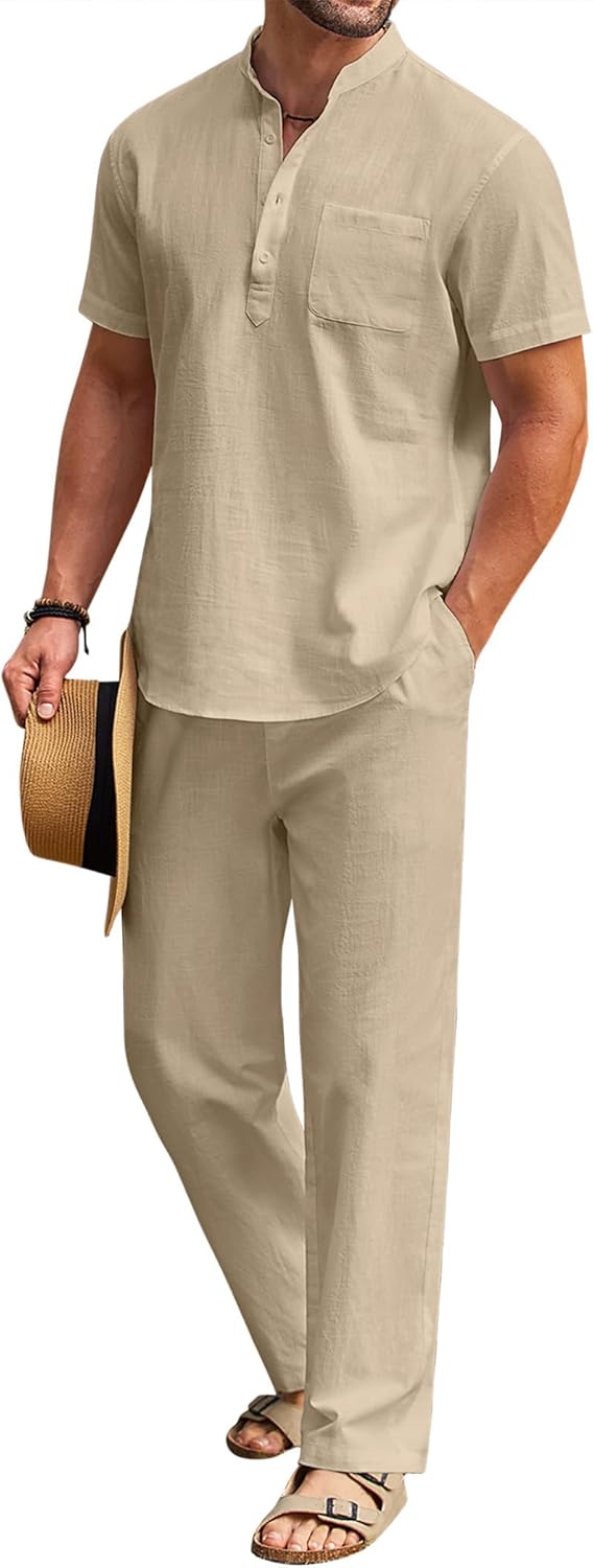 COOFANDY Men's 2 Piece Cotton Linen Set for Summer Style