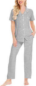 Women Pajama Sets Two-Piece Short Sleeve Nightwear with Long Pants