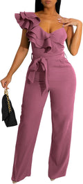 Womens Ruffle One-Shoulder Jumpsuit V-Neck Sleeveless - Party Wear