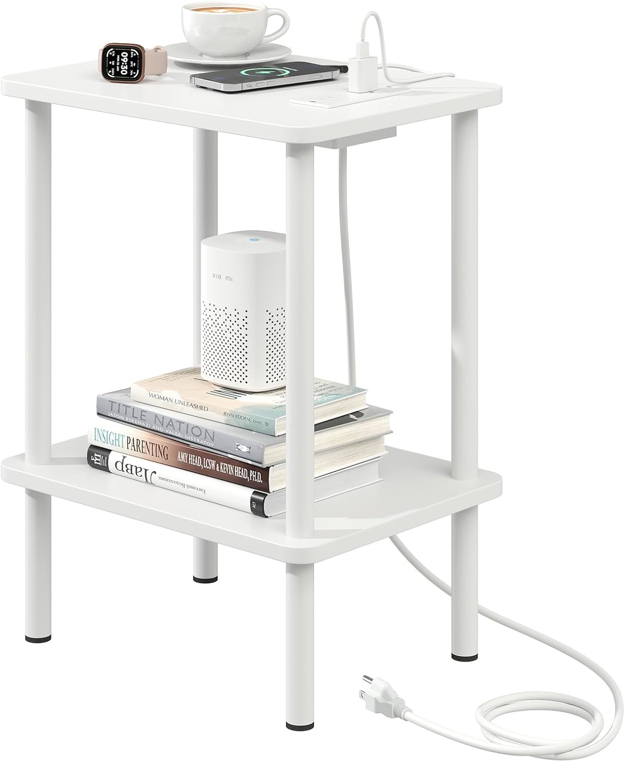 Apicizon 2 Tier End Table with Charging Station for Small Spaces