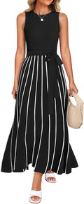 Women's Summer Sleeveless Maxi Dress Ribbed Knit Tie Waist