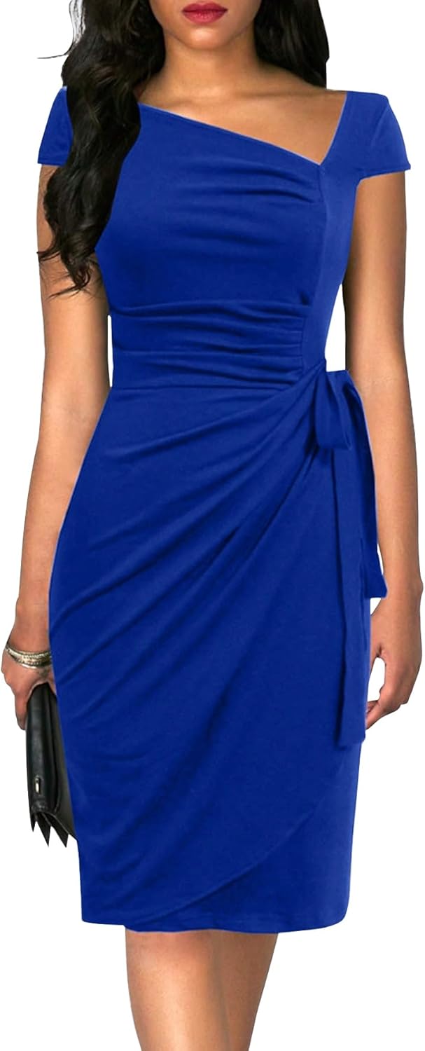 Women's Vintage Cap Sleeve Asymmetrical Neckline Bodycon Dress
