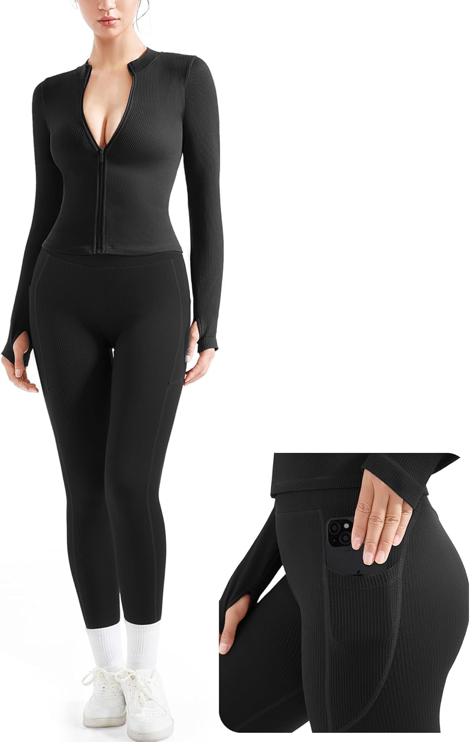 SUUKSESS Women 2 Piece Seamless Ribbed Workout Sets for Fitness