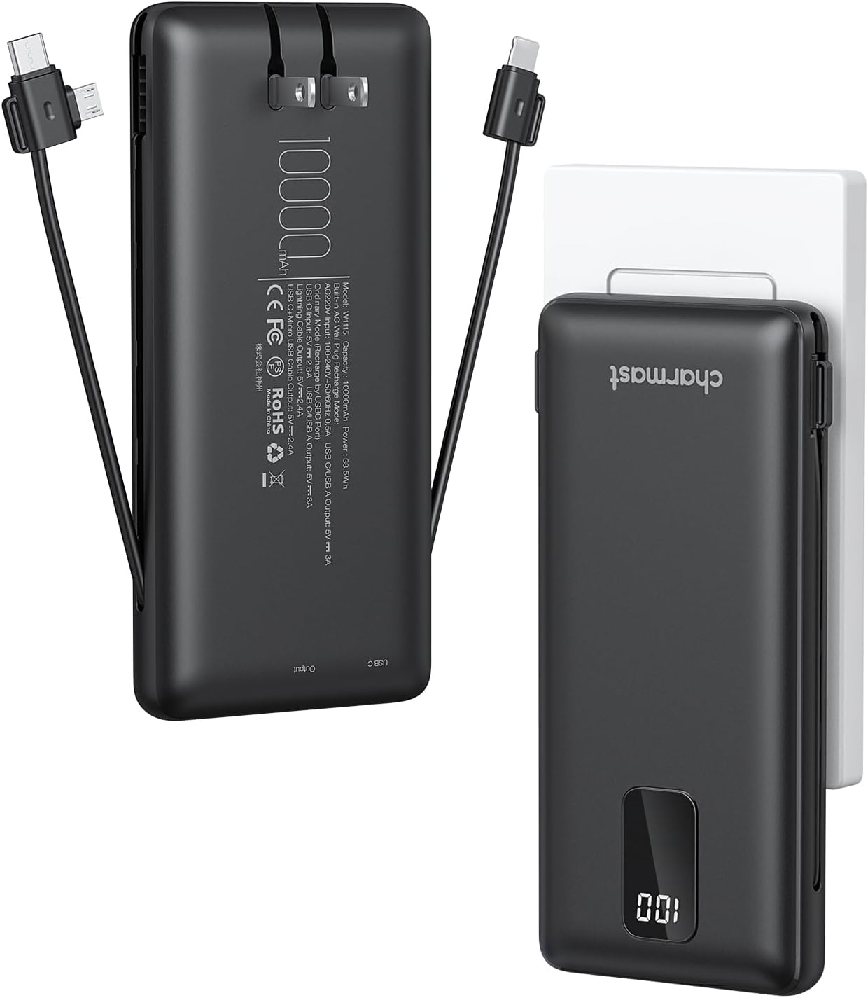 Charmast 10000mAh Portable Charger with Built-in Cables - Ultimate Travel Essential!