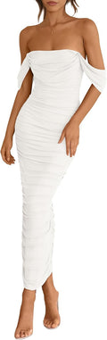 PRETTYGARDEN Off The Shoulder Ruched Bodycon Maxi Dress (Style C7DT)