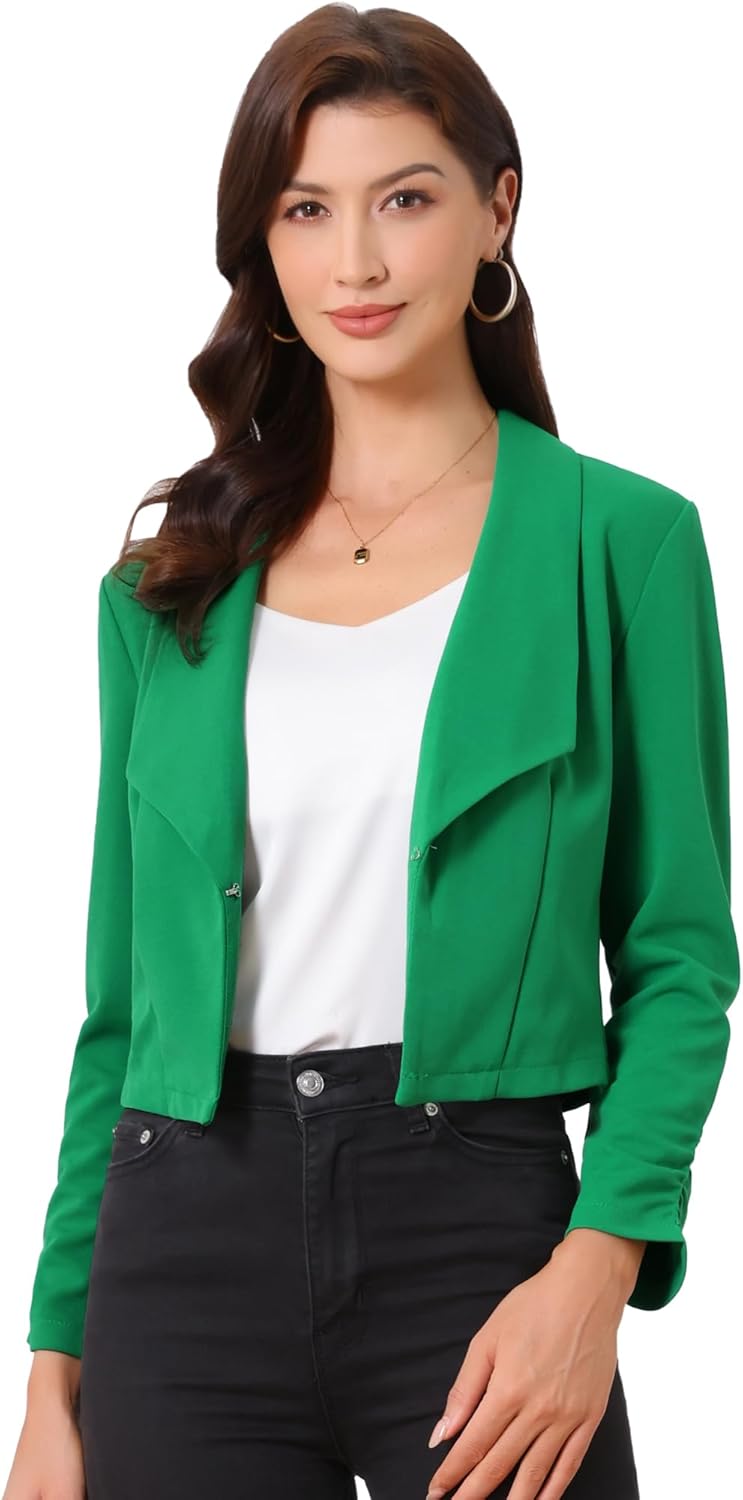 Allegra K Women's Notched Lapel Ruched Sleeve Cropped Blazer