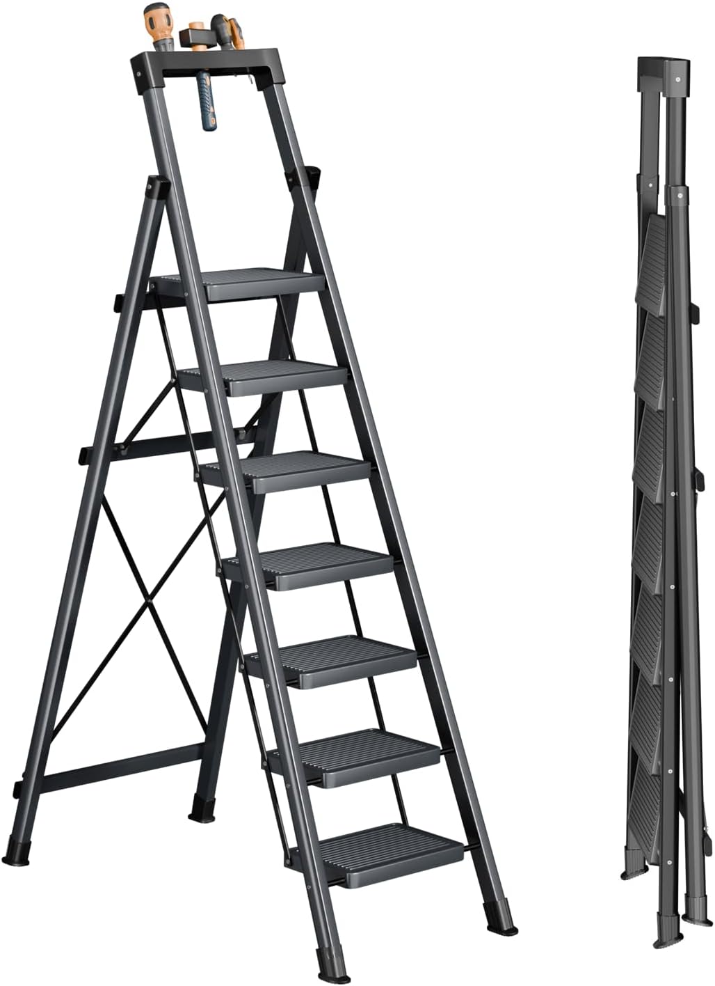 7 Step Stool with Tray Support for Home, Kitchen, and Office