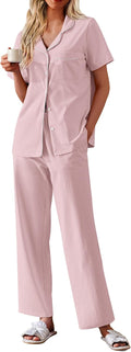 Women's 100% Cotton Short Sleeve Pajama Set - Soft Long Pants