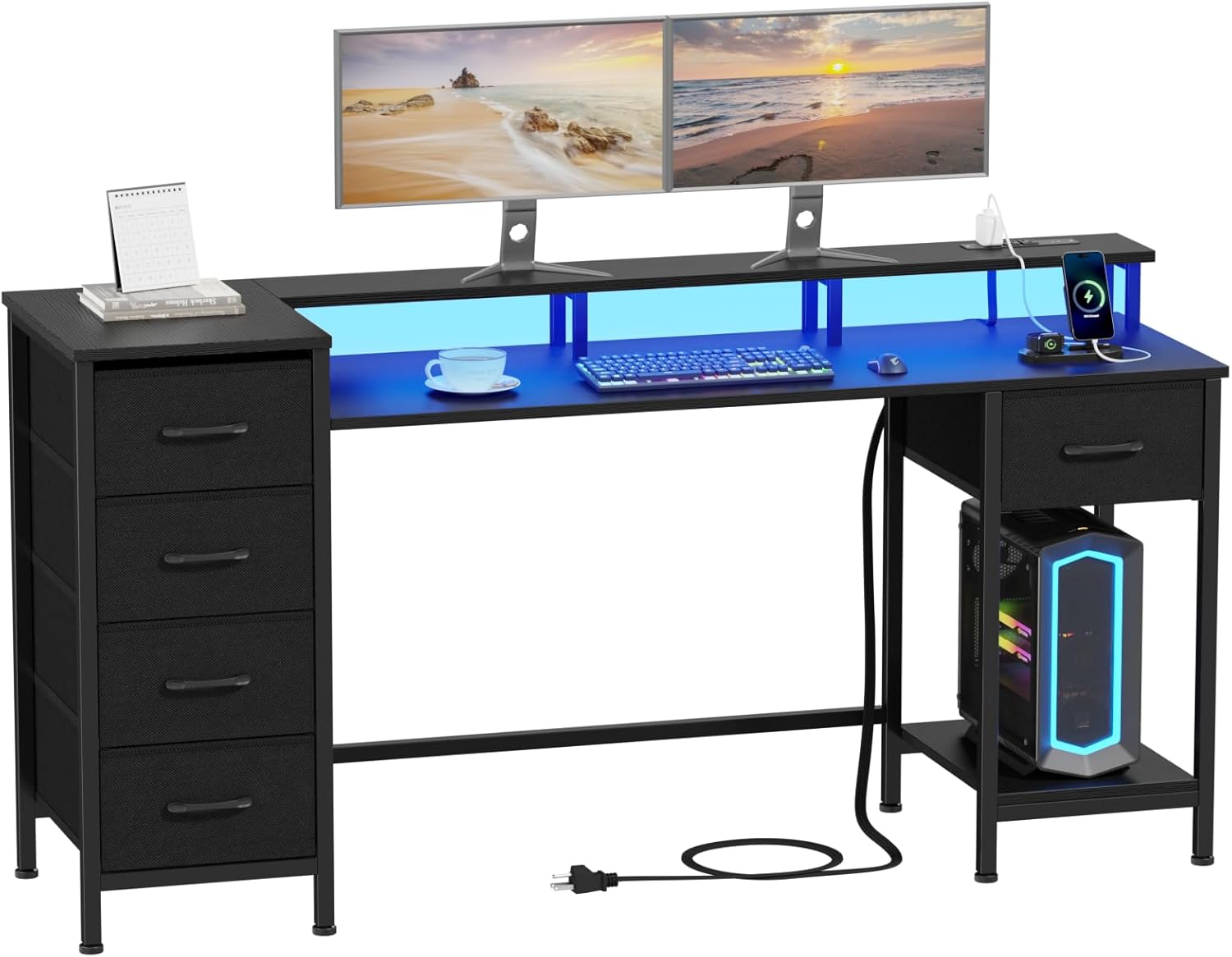 55 Gaming Desk w/ Power Outlets & LED Lights, Adjustable Drawers - Korfile