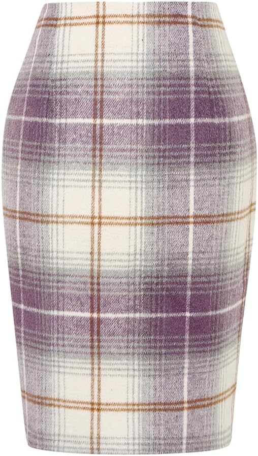 Womens Wool Plaid Pencil Skirt High Waisted Bodycon Midi Skirt
