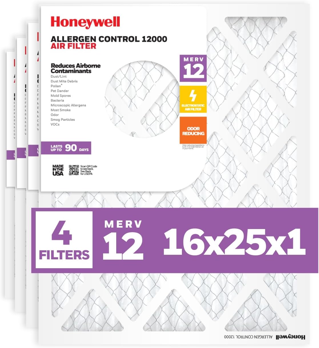 Honeywell MERV 12 Electrostatic Pleated HVAC Air Filter 4-Pack