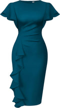 Memoriesea Vintage Ruffle Sleeve Ruched Bodycon Midi Dress Dresses